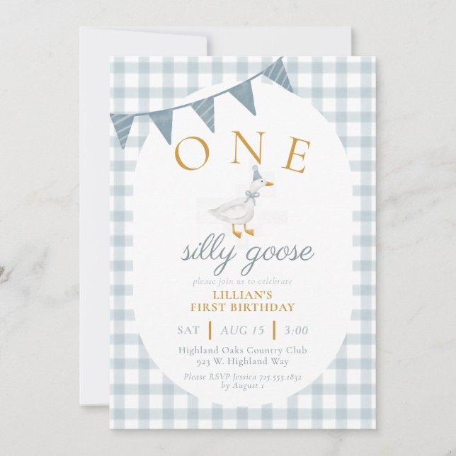 ONE Silly Goose Blue Gingham Daisy First Birthday Invitation (Front)