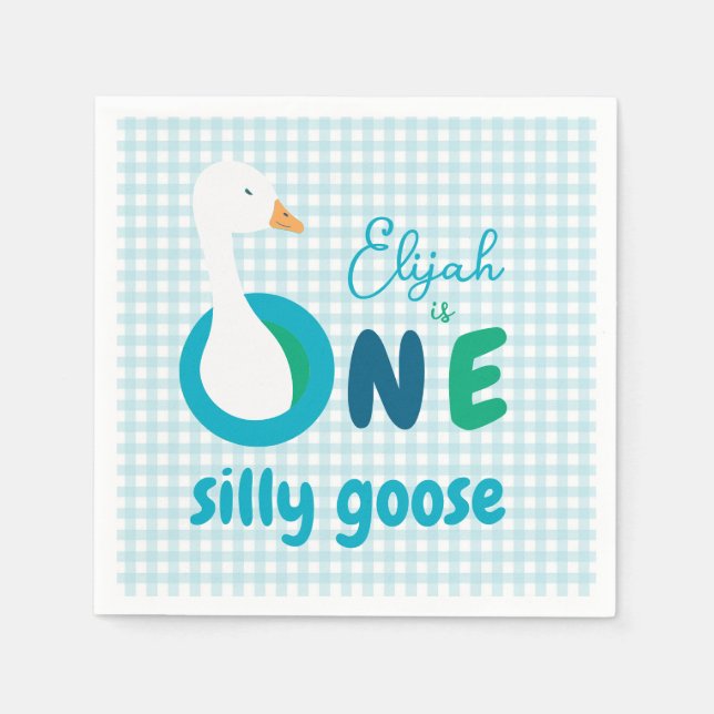 One Silly Goose Blue Gingham First Birthday Party Napkin (Front)