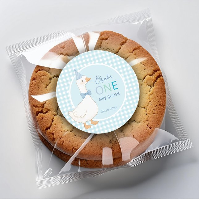One Silly Goose Blue Party Hat Boy First Birthday Classic Round Sticker (Creator Uploaded)
