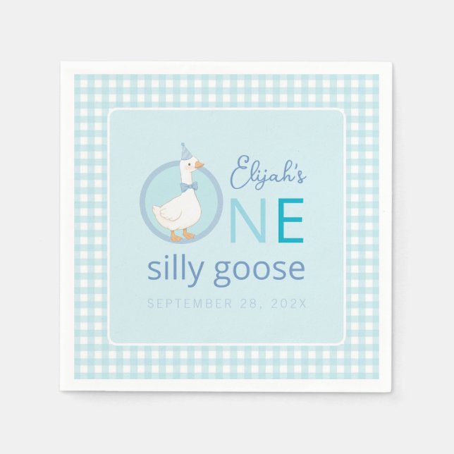 One Silly Goose Blue Plaid Cute Boy First Birthday Napkin (Front)