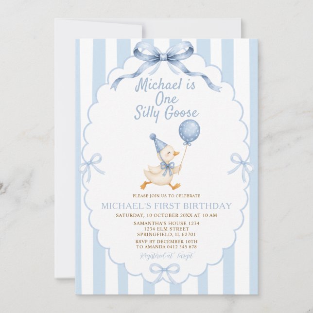 One Silly Goose Blue Stripes Boy First Birthday Invitation (Front)