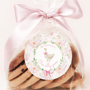 One Silly Goose Blush pink Bow Girl 1st Birthday  Classic Round Sticker