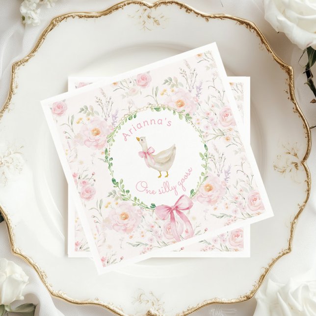 One Silly Goose Blush pink Bow Girl 1st Birthday  Napkin (Creator Uploaded)