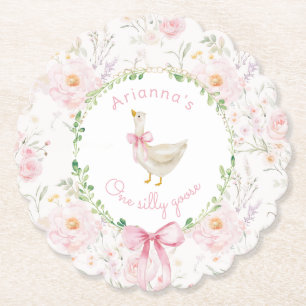 One Silly Goose Blush pink Bow Girl 1st Birthday  Paper Coaster