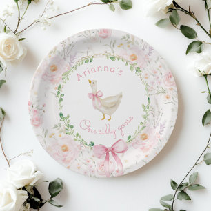 One Silly Goose Blush pink Bow Girl 1st Birthday  Paper Plate