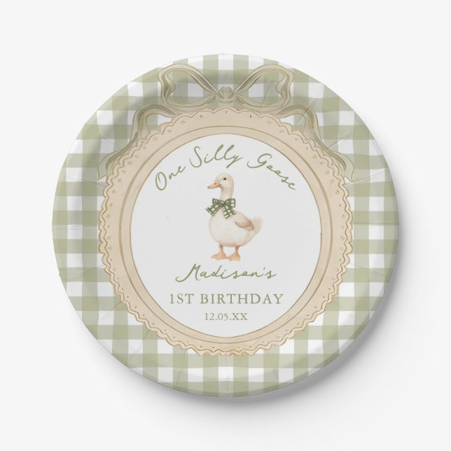 One Silly Goose Bow Gingham 1st Birthday Paper Plate (Front)