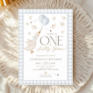 One Silly Goose Boy 1st Birthday Blue Gingham Invitation