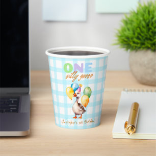 One Silly Goose Boy 1st Birthday Blue plaid  Paper Cups