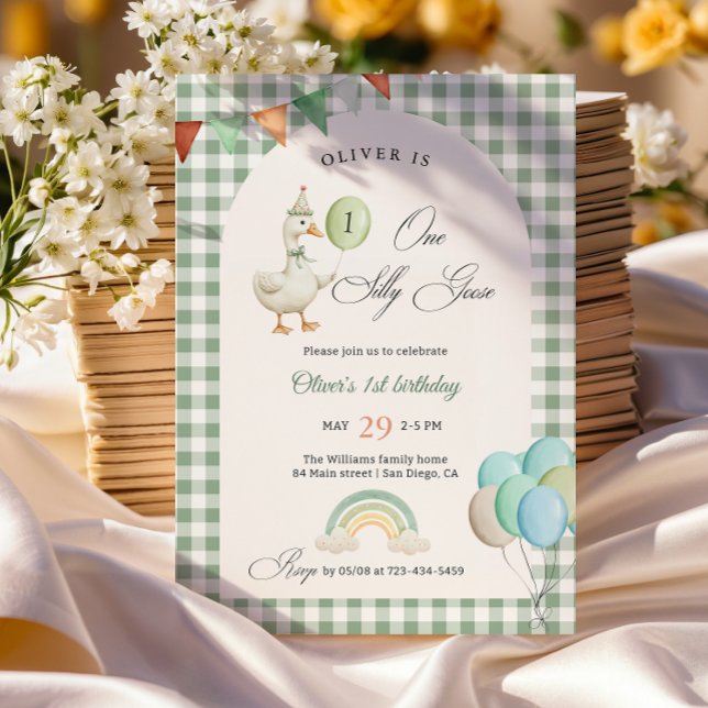 One Silly Goose Boy 1st Birthday Green Invitation (Creator Uploaded)