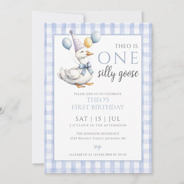 One Silly Goose Boy 1st Birthday Party Invitation (Front)