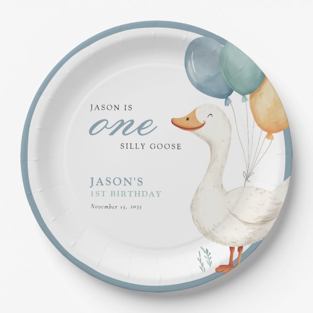 One Silly Goose Boy 1st Birthday Party Paper Plate (Front)