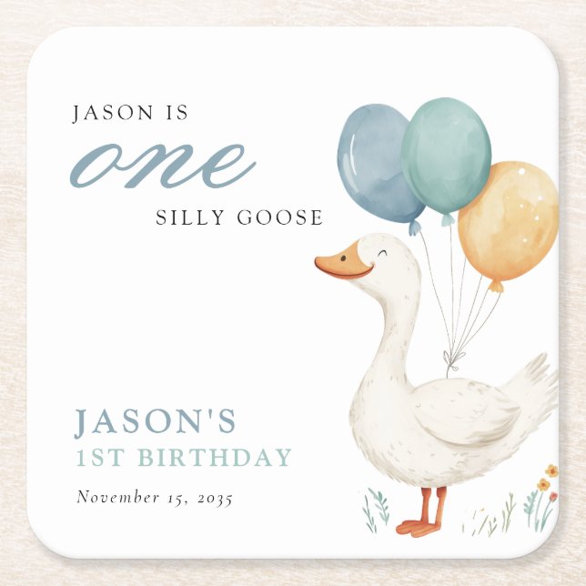 One Silly Goose Boy 1st Birthday Party Square Paper Coaster (Front)