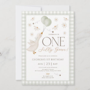 One Silly Goose Boy 1st Birthday Sage Gingham Invitation
