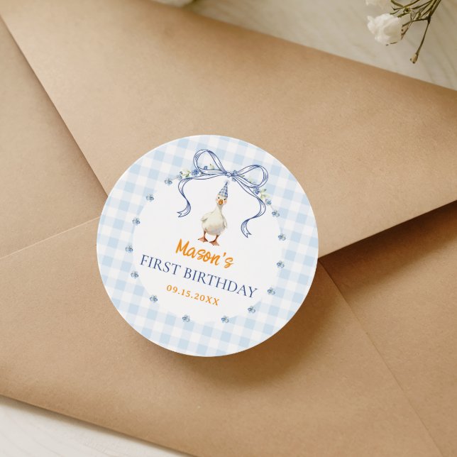 One Silly Goose Boy First Birthday Blue Gingham Classic Round Sticker (Creator Uploaded)