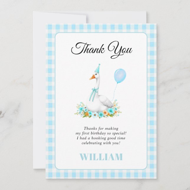 One silly goose boy's 1st birthday blue Thank You (Front)