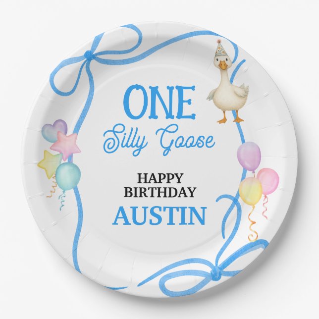One Silly Goose Boys First Birthday Paper Plate (Front)