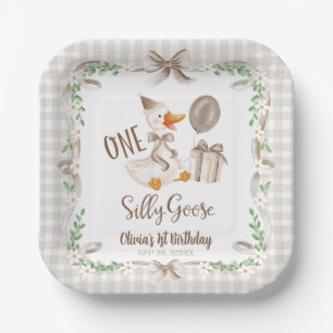 One Silly Goose Brown Bow 1st Birthday Paper Plate
