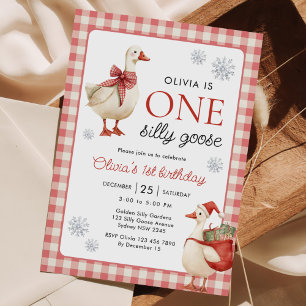 One Silly Goose Christmas Gingham 1st Birthday Invitation
