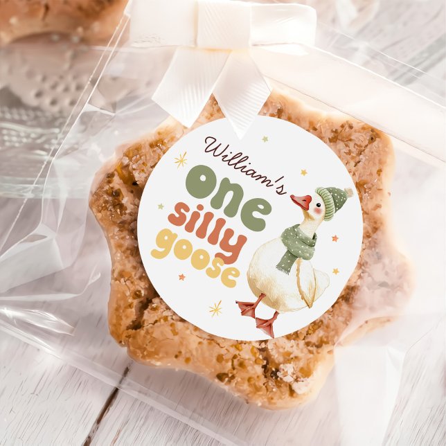 One Silly Goose Christmas Green 1st Birthday Classic Round Sticker (Creator Uploaded)