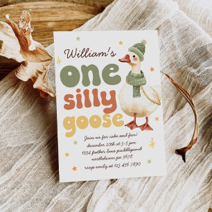 One Silly Goose Christmas Green 1st Birthday Invitation