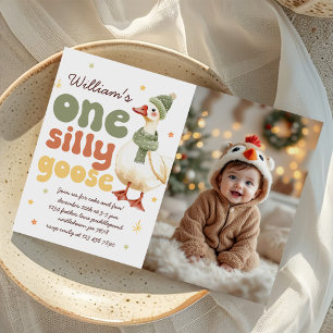 One Silly Goose Christmas Green 1st Birthday Photo Invitation