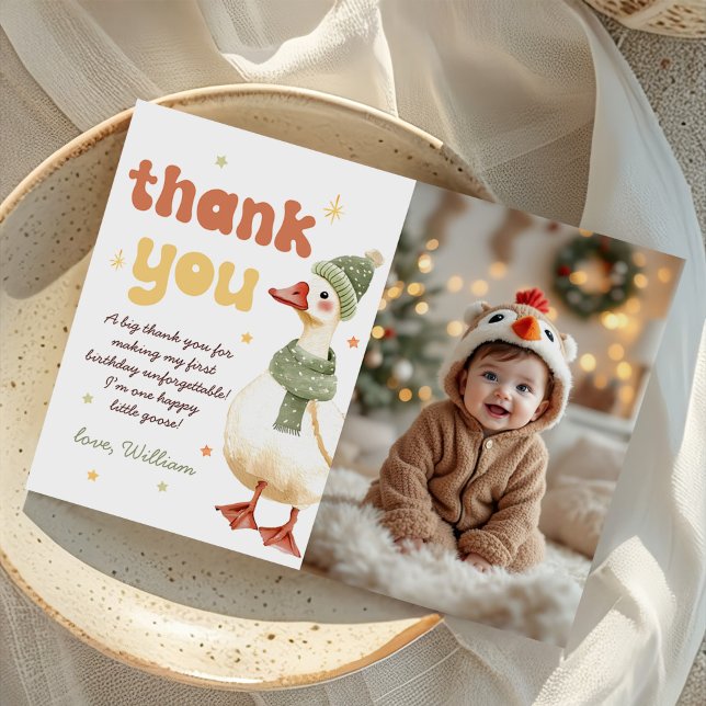 One Silly Goose Christmas Green 1st Birthday Photo Thank You Card (Creator Uploaded)