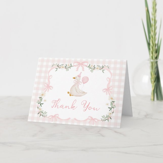 One Silly Goose Coquette Pink Gingham 1st Birthday Thank You Card (Front)