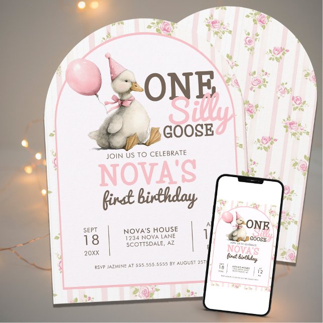 One Silly Goose Customised Pink 1st Birthday Arch Invitation (Creator Uploaded)