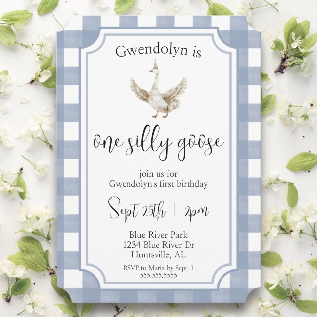 "One Silly Goose" Cute Blue First Birthday Party Invitation ("one silly goose" blue watercolor cute first birthday party picnic 1st birthday boy toddler bday)