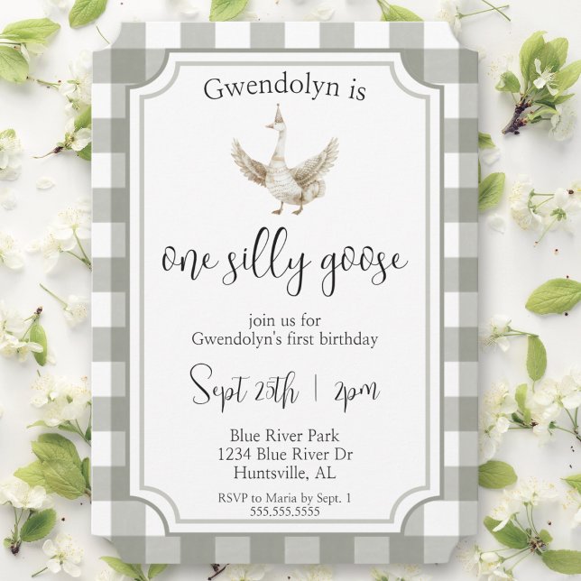 "One Silly Goose" Cute Picnic First Birthday Party Invitation (one silly goose first birthday party gender neutral 1st bday for baby boy or girl green picnic cute )