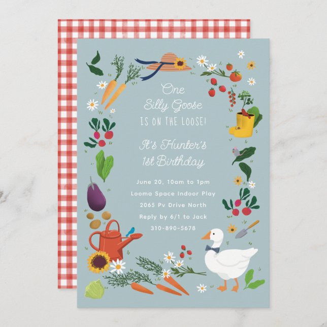 One Silly Goose Farmer Garden Theme Birthday Invitation (Front/Back)