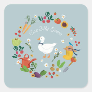One Silly Goose Farmer Garden Theme Blue Square Sticker