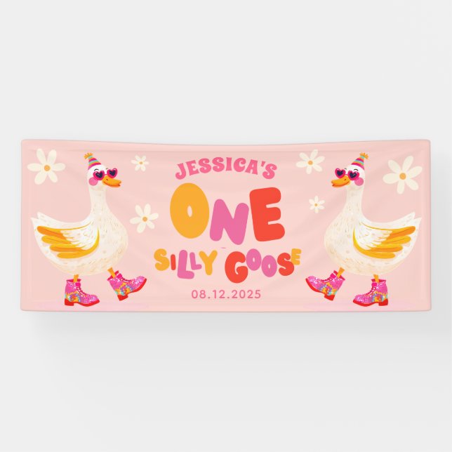 One Silly Goose Festive Pink Kids' Birthday Party  Banner (Horizontal)