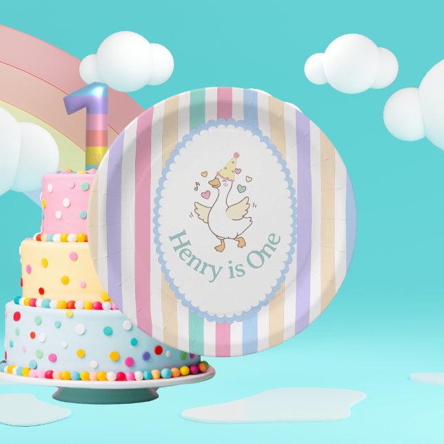 One Silly Goose First Birthday Paper Plate. Plate (Cute "One Silly Goose" 1st birthday plates! Vibrant pastel stripes. Perfect for your little one!)