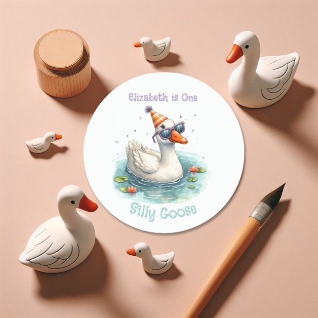 “One Silly Goose” First Birthday Party Classic Round Sticker (One Silly Goose First Birthday Party Classic Round Sticker)