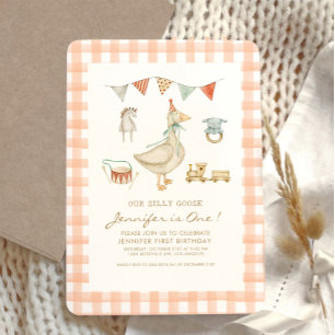 One Silly Goose First Birthday Peach Gingham Invitation