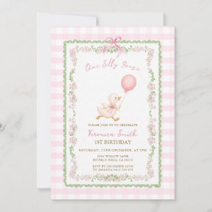 One Silly Goose Floral Frame Girl 1st Birthday Invitation