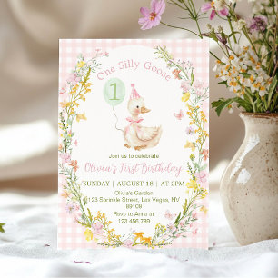 One Silly Goose Floral Pink Girl Birthday Invitation