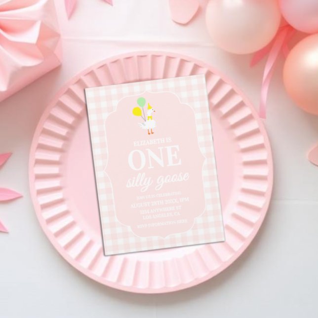 One Silly Goose Gingham 1st Birthday Invitation (Creator Uploaded)