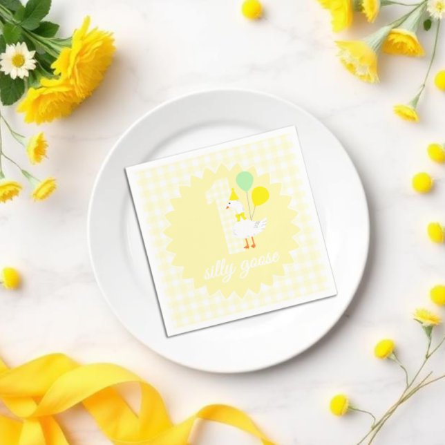 One Silly Goose Gingham 1st Birthday Napkin (Creator Uploaded)