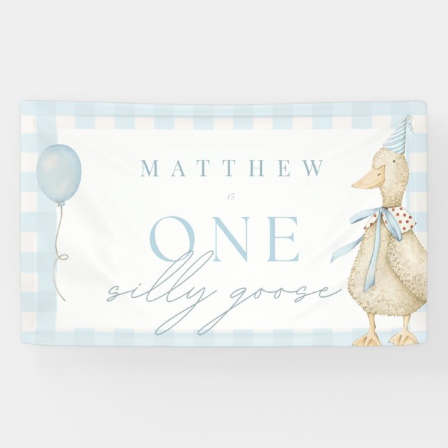 One Silly Goose Gingham Blue Boy 1st Birthday  Banner (Horizontal)