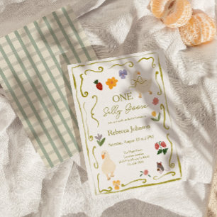 One Silly Goose Gingham Cottagecore First Birthday Invitation