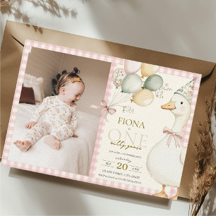 One Silly Goose Gingham Pink 1st Birthday Photo Invitation