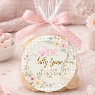One Silly Goose Gingham Pink Flora Birthday Party  Classic Round Sticker