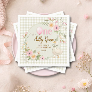 One Silly Goose Gingham Pink Flora Birthday Party  Napkin