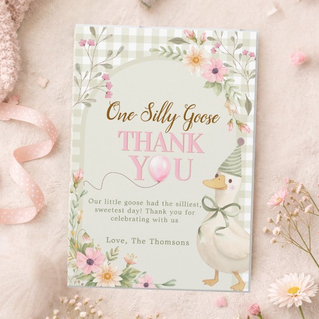 One Silly Goose Gingham Pink Floral Birthday Thank You Card (Creator Uploaded)