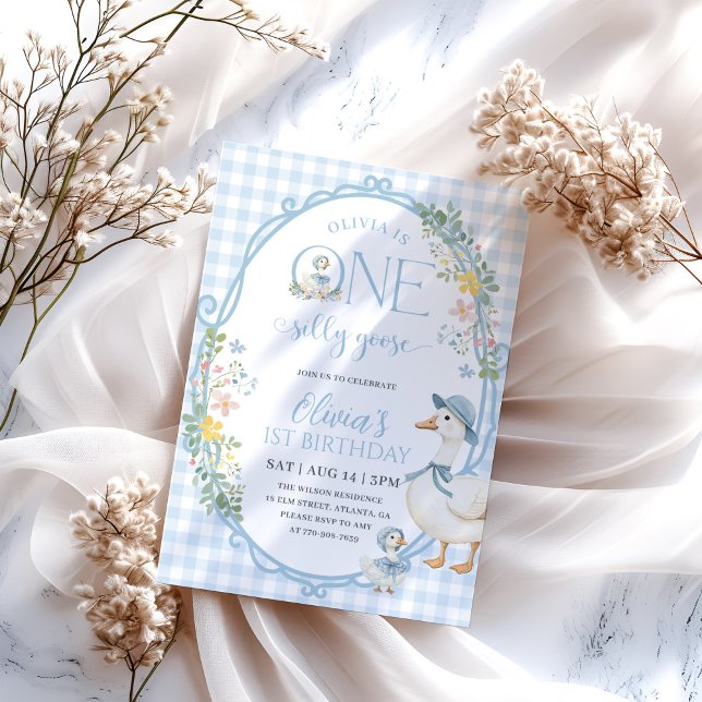 One Silly Goose Girl 1st Birthday Blue Gingham Invitation (Creator Uploaded)