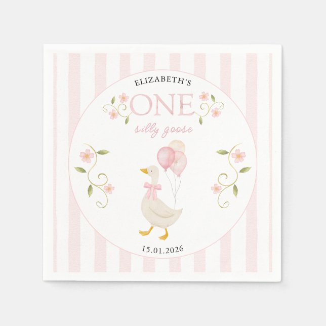 One Silly Goose Girl 1st Birthday Pink Napkin (Front)