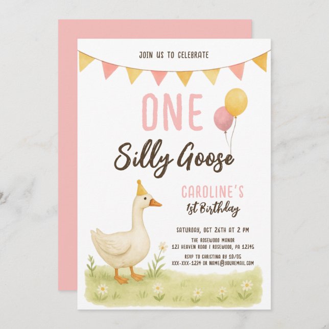 One Silly Goose Girl First Birthday Invitation (Front/Back)