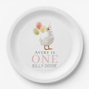 One Silly Goose Girl Pink 1st Birthday Paper Plate